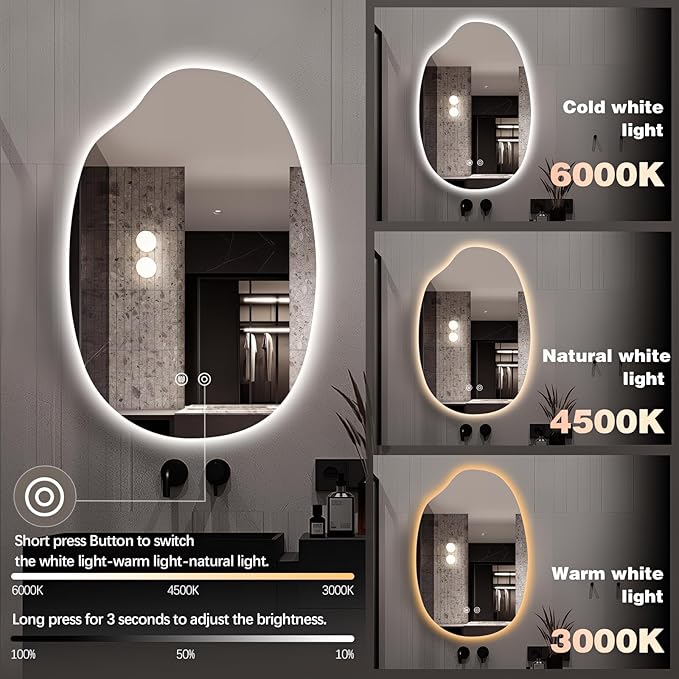 32"x22" Asymmetrical Led Mirror for Bathroom, Irregular Backlit Vanity Mirror with Lights, Frameless Smart Mirror, 3 Colors Stepless Dimmable, Anti-Fog, Memory, CRI95+, Horizontal/Vertical