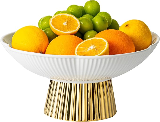 Ceramic Fruit Bowl, 11 Inch Large Table and Tea Coffee Pedestal Tray，Elegant and Practical Bread and Fruit Footed Bowls for Kitchen Counter, Salad or Dessert Display Trays for Parties(White).