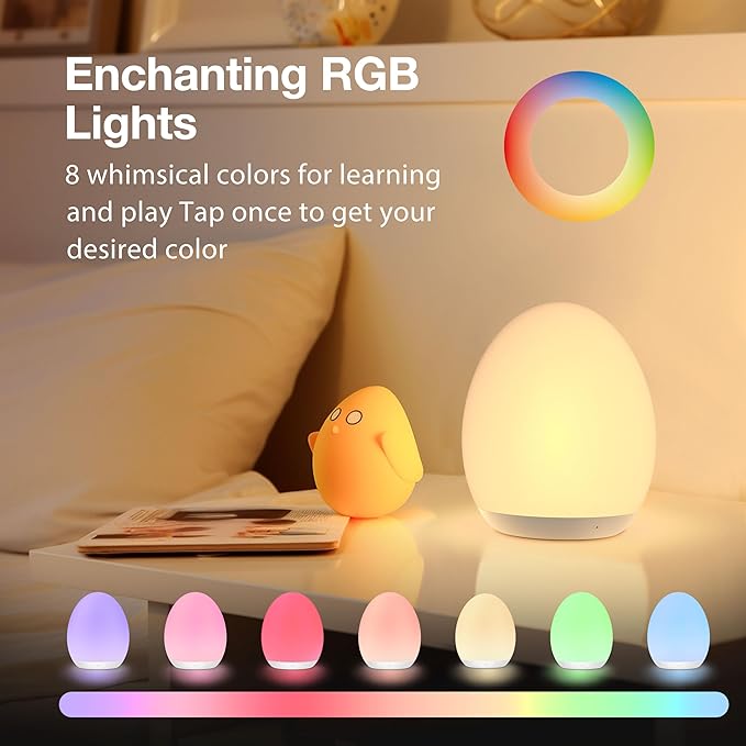 JolyWell Night Light for Kids, Baby Egg Light with 7 Colors Changing Mode & Stepless Dimming, Nursery Night Lamp BPA Free,Rechargeable Egg Night Light for Breastfeeding 1h Timer & Touch Control