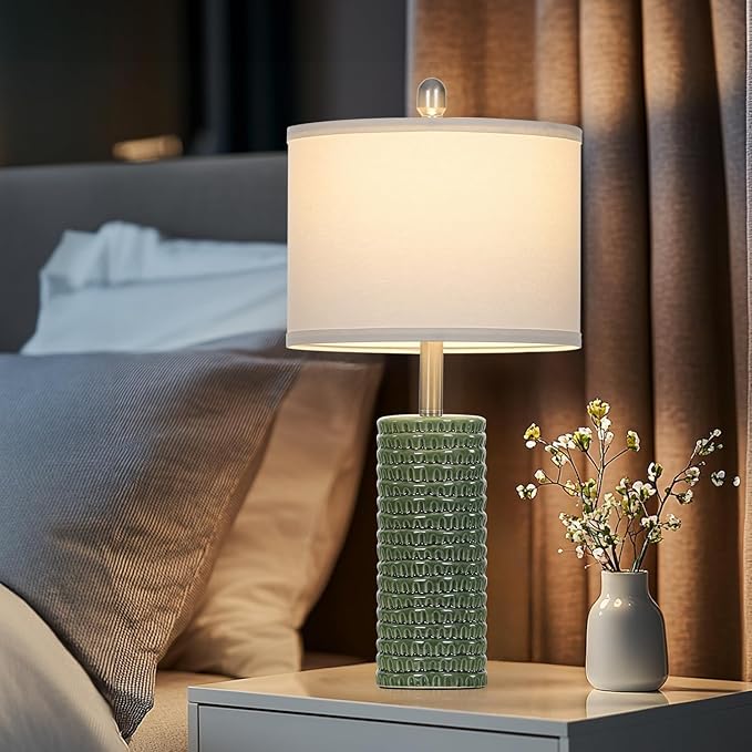 24.5" Green Ceramic Table Lamps Set of 2, Farmhouse Table Lamps for Living Room, Modern Lamps for Bedroom Night Stands, Traditional Nightstand Desk Lamps(LED Bulbs Included)