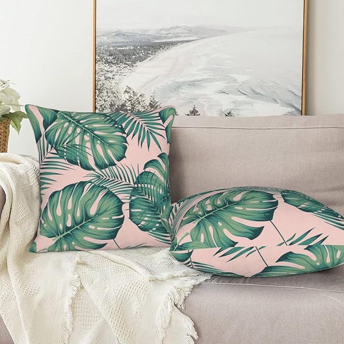 Tropical Palm Leaves Throw Pillow Covers 18x18 Inch Set of 2 Summer Green Leaf Monstera Plant Decorative Pillow Cases Modern Farmhouse Cushion Cases for Home Couch Sofa