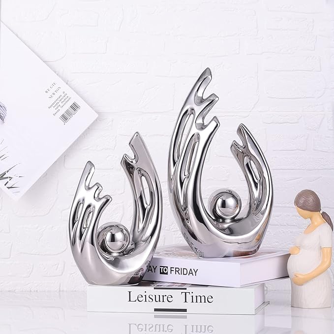 9.5" H Silver Aesthetic Room Decor Accent, TV Stand Funky Table Centerpiece, Abstract Art Ceramic Statue and Sculpture, Silver Decor for Living Room, Bookshelf Decorative Objects, Shelf