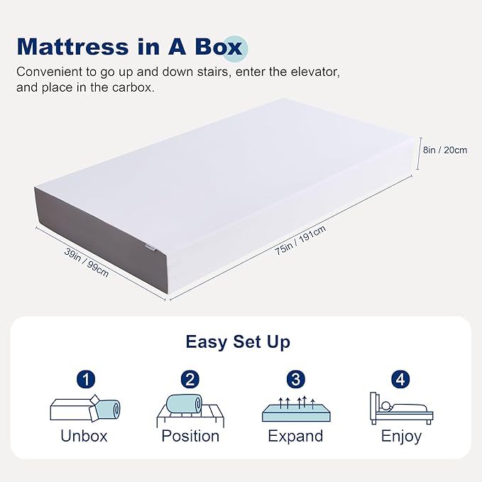 Amazon Basics Memory Foam Mattress, Soft Plush Feel, 8 Inch, Twin, White/Grey