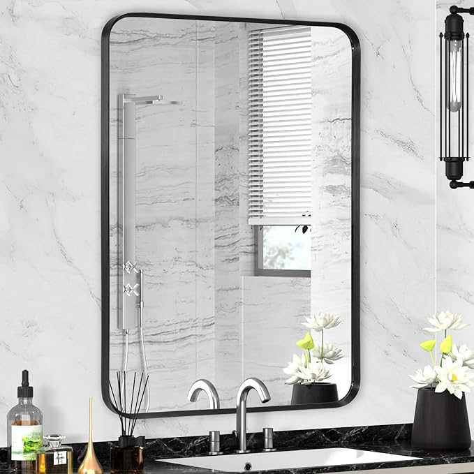 Wall Mount Mirror for Bathroom, Brushed Black Metal Framed Rounded Corner Rectangular Vanity Mirror, Tempered Glass, Anti-Rust, Hangs Horizontally or Vertically (22" x 30", Black)