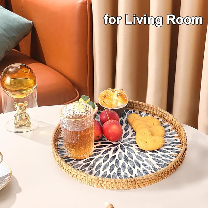 Round Rattan Tray with Mother of Pearl Inlay, Rattan Serving Tray for Coffee, Bread, Fruits, Decorative Wicker Tray for Table Decor, Home Decor, Kitchen Island Decor (Dark Blue Leaf, 11.8")