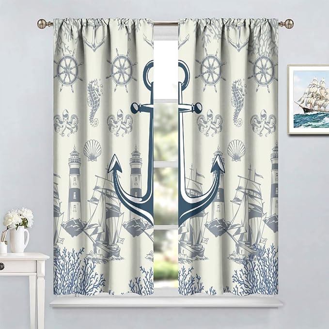 Nautical Anchor Curtains, Vintage Sailboat Ocean Coastal Lighthouse Window Drapes, Navy Blue Coral Shell Seahorse Beach Print Blackout Window Treatments for Living Room Bedroom 63x72in