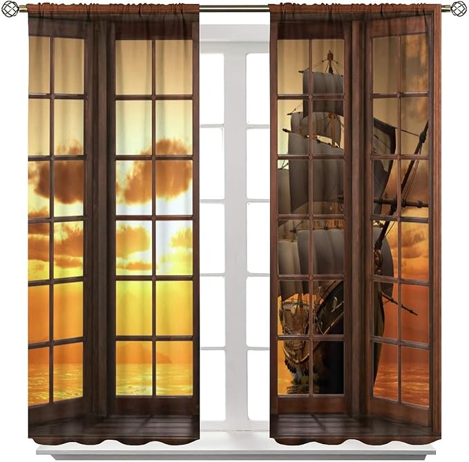 Retro Ship Curtains, Window View Sailing Boat Ship Schooner, Nautical Style Ocean Sunset Landscape Print Blackout Window Drapes for Boys Bedroom Living Room 42x45 Inch