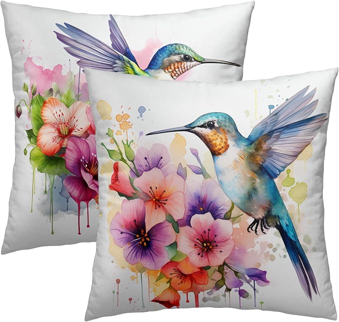 Watercolor Floral Hummingbird Pillow Cover - Colorful Bird Throw Pillow Covers Set of 2 Animal Cushion Covers 20x20 Willife Pillow Cases for Home Couch Sofa Outdoor