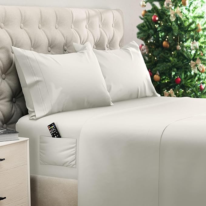 DREAMCARE Queen Size Sheets - Cooling Bed Sheets - 4pcs Set - up to 15" Deep Pocket Queen Sheet Set - Sheets Queen Size Bed - Soft & Long Lasting 100% Fine Brushed Polyester with Side Pocket - Ivory