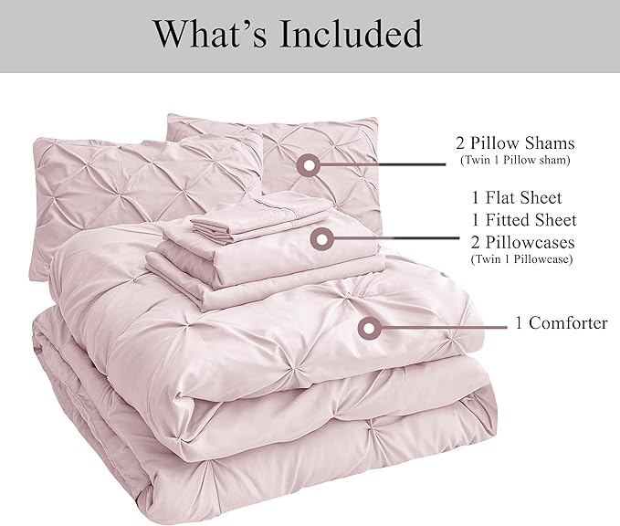 LANE LINEN Twin Comforter Set, 5 Piece Twin Size Bed in a Bag Sets, Pintuck Bedding Sets & Collections with Pink Comforter, Sheets, Pillowcases & Shams, Soft Twin Bedding Set - Sepia Rose