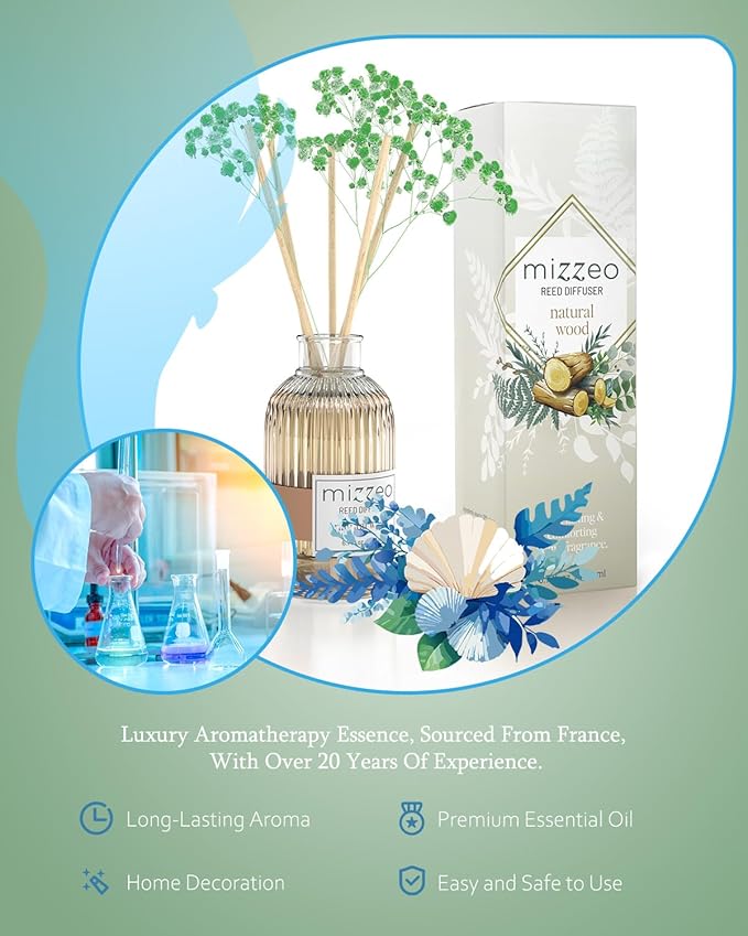 MIZZEO Reed Diffuser Set, Natural Wood 6.76 fl oz Highly Scented Room Diffuser Home Fragrance Essential Oil Reed Flower Diffuser, House Bedroom Office Decor & Gifts