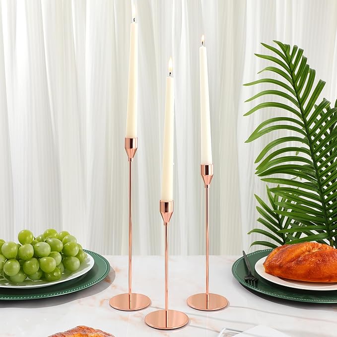 Set of 18 Tall Candlestick Holders Thin Metal Taper Candle Holders for Table Centerpiece Modern Decorative Pillar Candle Sticks Stand for Home Wedding Christmas Decoration(Rose Gold)