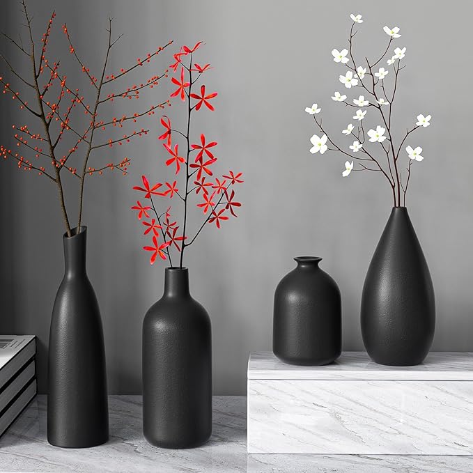 Ceramic Vases, Set of 4, Black, Flower Vases, Modern Decoration, Aesthetic, Vases for Pampas Grass, Flowers, Table Decoration, Tulip Vase, Bookshelf, Mantle, Living Room, Bedroom, Office, Wedding Gift
