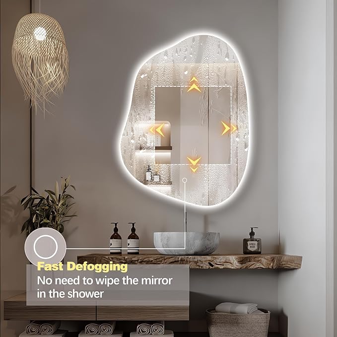 Irregular LED Bathroom Mirror with Lights, 42"x32" Anti Fog Frameless Led Bathroom Vanity Mirror, Stepless Dimmable Backlit Mirror for Bathroom Bedroom Living Room, Horizontal/Vertical