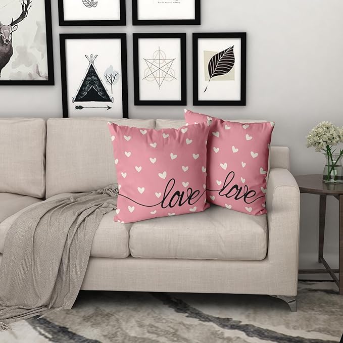 Giwawa Valentines Day Pillow Covers Set of 2 Pink Love Hearts Throw Pillowcases Romantic Double Sided Decorative Cotton Square Cushion Covers 16x16inch for Sofa Couch Bedding Wedding Anniversary