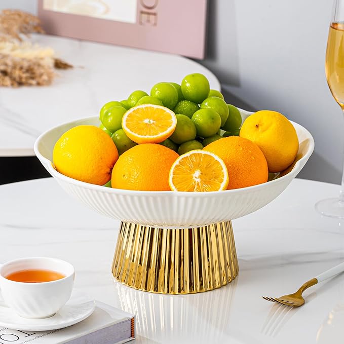 Ceramic Fruit Bowl, 11 Inch Large Table and Tea Coffee Pedestal Tray，Elegant and Practical Bread and Fruit Footed Bowls for Kitchen Counter, Salad or Dessert Display Trays for Parties(White).