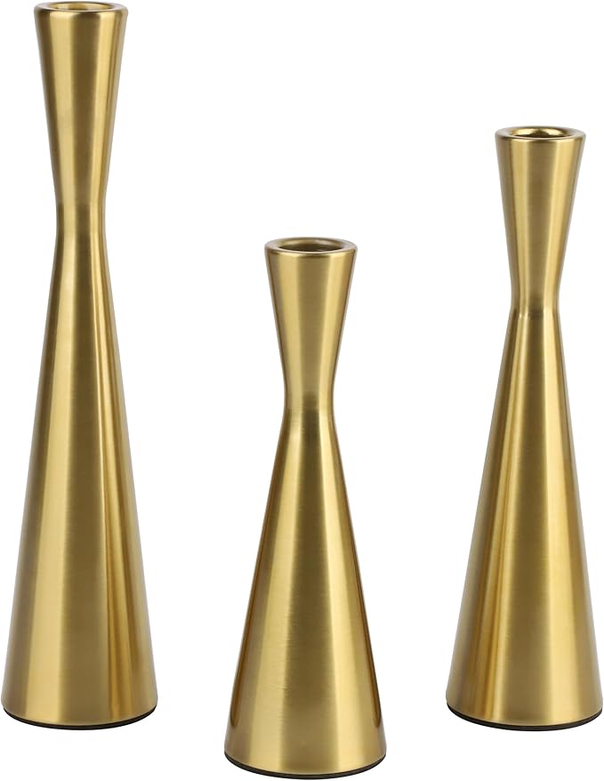 Vixdonos Brass Gold Taper Candle Holders Metal Candlestick Holders Set of 3 Table Mantel Decorative Candle Stand for Dinning,Party，Wedding,Home Decor(Brass Gold)