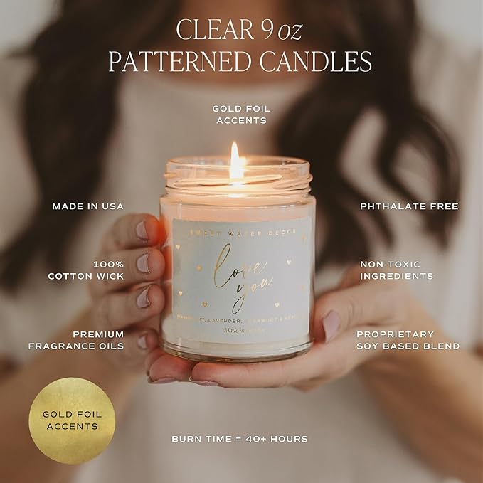 Sweet Water Decor Love You Scented Candles - Soy Candles with Fresh Lavender, Geranium, Warm Mahogany and Earthy Teakwood - Candle Wax with 40 Hours Burn Time - 9Oz Gold Lid Clear Jar Wax Candle