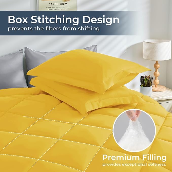 HEVUMYI Full Comforter Set - 7-Piece All Season Bed in a Bag Full, Ultra Soft Bedding Set with Comforter, Flat Sheet, Fitted Sheet, Pillowcases, Pillow Shams, Yellow & Light Grey