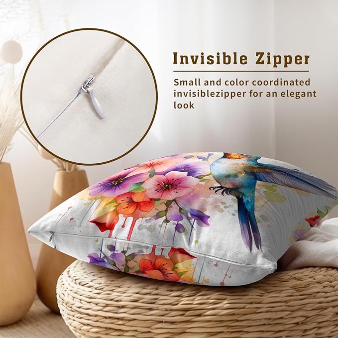 Watercolor Floral Hummingbird Pillow Cover - Colorful Bird Throw Pillow Covers Set of 2 Animal Cushion Covers 20x20 Willife Pillow Cases for Home Couch Sofa Outdoor