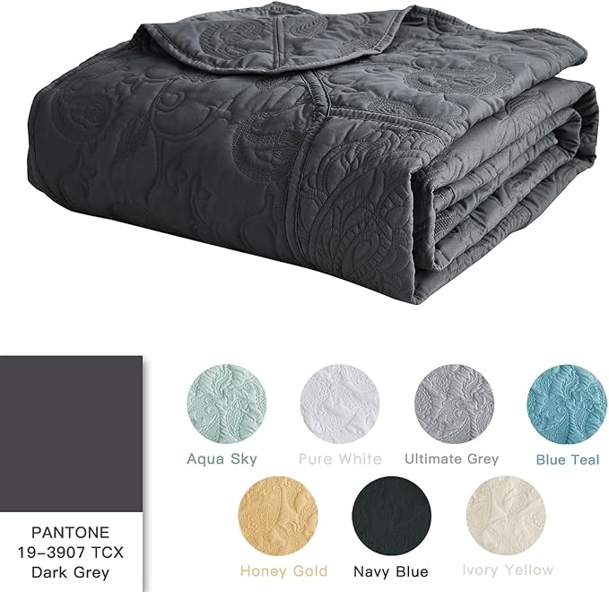HZ & HY Oversized King Bedspread, Quilted Coverlet Bedding Set, Lightweight Thin Comforter, Reversible, Luxurious, 5 Piece, 100% Microfiber, Dark Grey