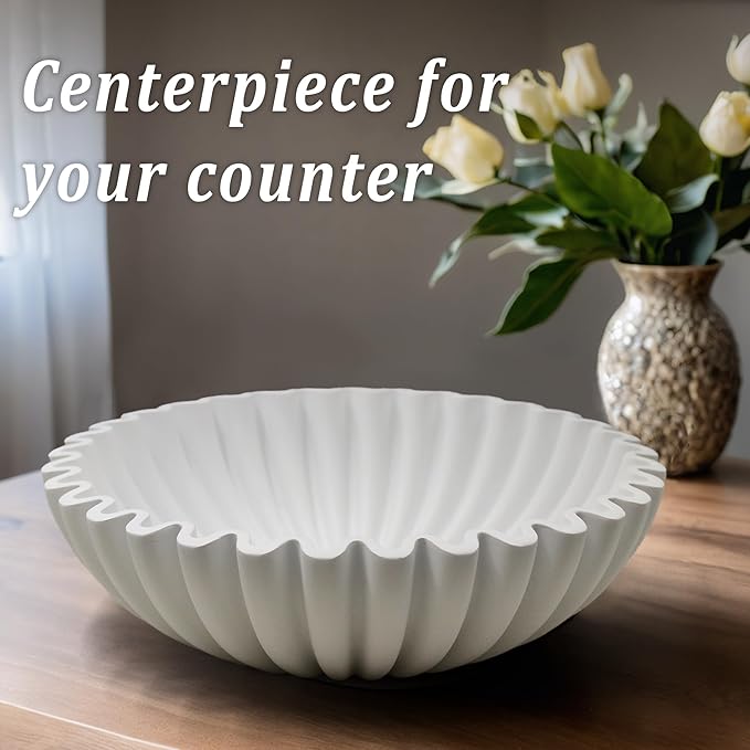 Ruffle Decorative Bowl, Large Fruit Bowl for Kitchen Counter, Stylish Key Bowl for Entry Table, Handcrafted Home Decor Display bowl, White