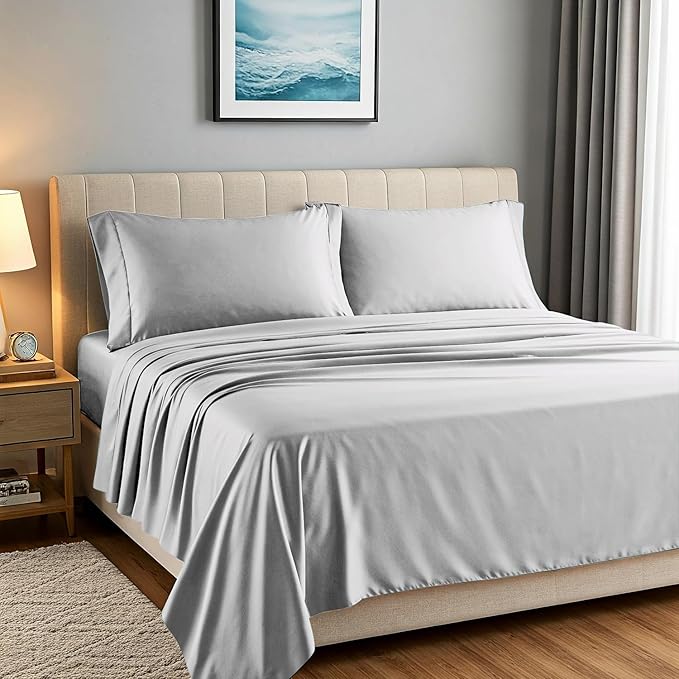 Carressa Linen 100% Egyptian Cotton King Size Sheets Set - Luxury 1500 Thread Count Egyptian Cotton Sheets King Size (4 PC, Light Grey), 17" Deep Pocket, Silky Soft, Cooling Sateen Hotel Bedding