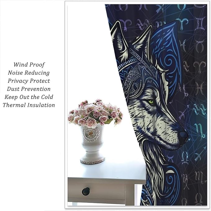 Viking Wolf Curtains Blue Rune Nordic Gothic Animal Curtains Dark Ancient Totem Mythological Pattern Printed Curtains Boys Bedroom Living Room Decoration Blackout Curtains W42 * L63 Inch