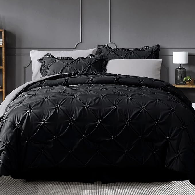 JOLLYVOGUE Black/Gray Bed in a Bag Comforter Set for Bedroom, Pintuck Full Size Comforter Sets 7 Pieces, Bedding Comforter Sets with Comforter, Sheets,Ruffled Shams & Pillowcases