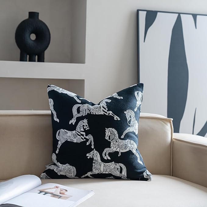 Premium Throw Pillow Covers 22x22 Inches - Black Palace White Horse Chenille Jacquard Embroidery Decorative Couch Pillow Covers for Living Room Bedroom Sofa Home Décor