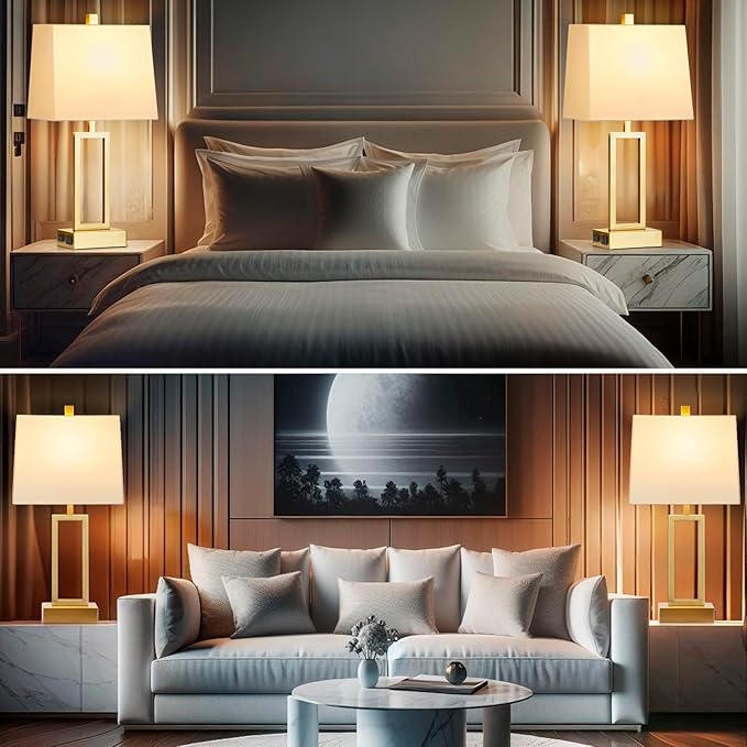 Touch Control Table Lamps Set of 2, Modern Gold Bedside Lamps with USB A+C Ports & AC Outlet, 3 Way Dimmable Contemporary Nightstand Lamps for Bedroom Living Room(LED Bulb Included)