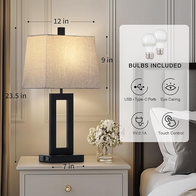Touch Control Table Lamp Set of 2, Modern Black Bedside Lamps with USB C+A Ports & AC Outlet, 3 Way Dimmable Bedroom Lamps for Night Stands Bedroom Living Room,Nightstand Lamp