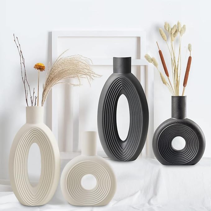 Ceramic Vase - Set of 2 for Home Decor,Black Pampas Vases Minimalist Nordic Boho Style for Modern Farmhouse Decor, Living Room、 Kitchen、Mantle、Bedroom、Dining Table、Office
