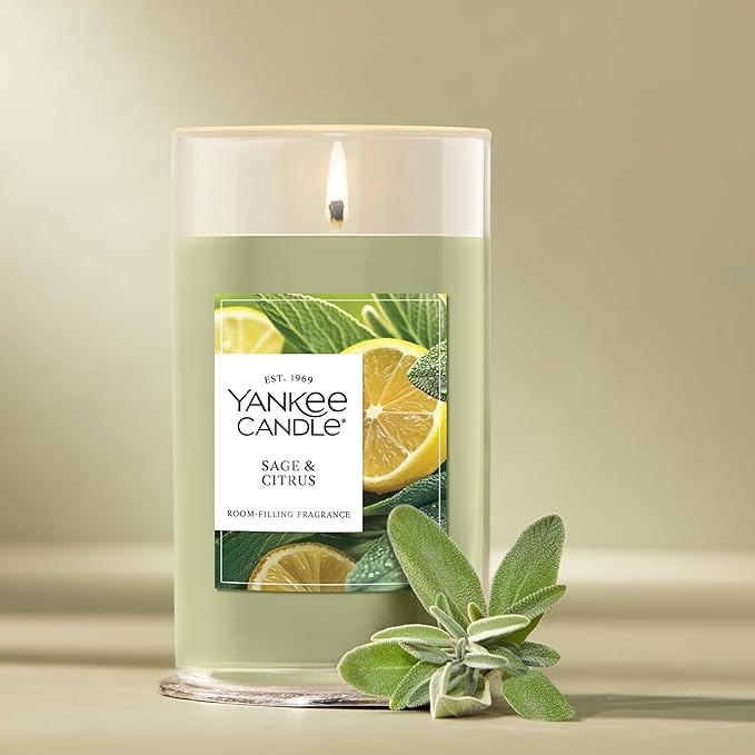 Yankee Candle Medium Pillar Scented Candle with up to 115 Hour Burn Time, Premium Plant Wax Blend for Consistent Burn, 14.25 oz Pillar Candle with Room Filling Fragrance, Sage & Citrus