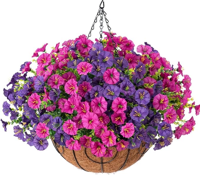 Artificial Fake Hanging Flowers Plants Baskets for Outdoor Decoration, Faux Silk Morning Glory in Planter UV Resistant Realistic for Outside Porch Patio Balcony Garden Yard Home Decor