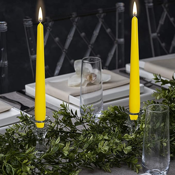 BOLSIUS Yellow Taper Candles - 4 Pack Unscented 10 Inch Dinner Candle Set - 8 Hours Burn Time - Premium European Quality - Smokeless and Dripless Household Wedding, Party, and Home Decor Candlesticks