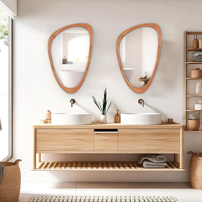 WallBeyond Asymmetrical Mirror, Irregular Wall Mirror, Wall Mirrors Decorative for Bedroom Living Room Entryway Hall, Wood Mirror for mid Century Modern Decor 30" H x 19" W