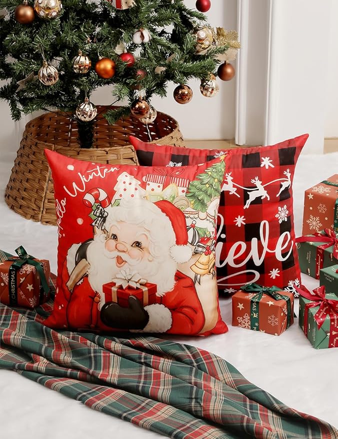 TOYPOPOR Christmas Decorations, Double Sided Throw Pillow Covers 20x20 Inches Set of 4, Christmas Tree, Snowflakes, Merry Christmas, Snowman Reindeer Cushion Case for Farmhouse Home Holiday Decor