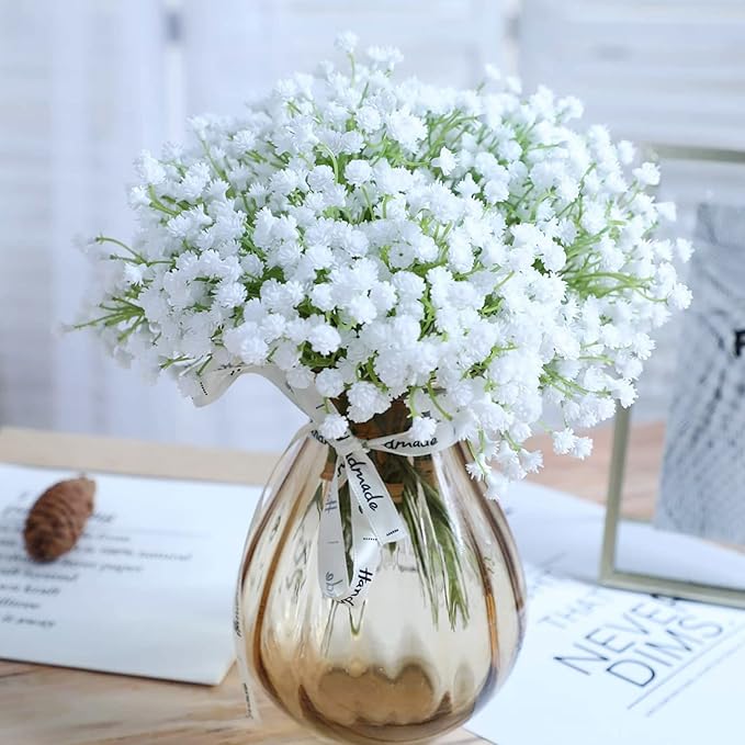 N&T NIETING Babys Breath Artificial Flowers Bulk White, 24Pcs Fake Gypsophila Bouquet Flowers Real Touch Faux Babies Breath for Wedding Centerpieces, Party Decor, Home Floral Arrangements, White