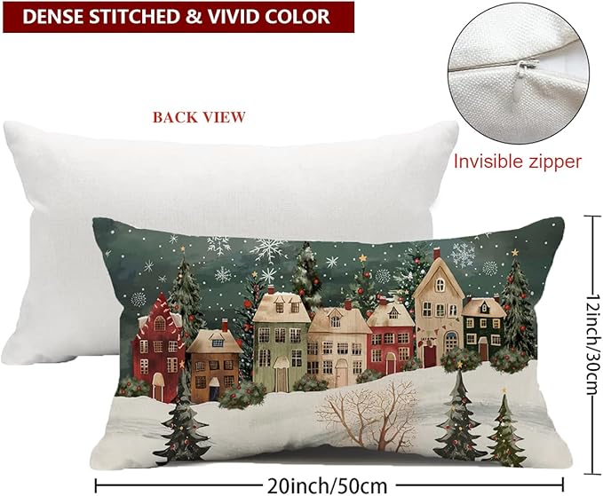 Winter Lumbar Decorative Rectangle Pillow Cover 12 x 20, Wonderland Forest House Snowflake Vintage Porch Outdoor Pillowcase, Christmas Holiday Seasonal Farmhouse Cushion Case Home Decor