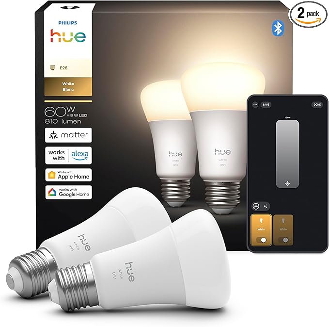Philips Hue Smart LED A19 Bulb, Warm White Light 2700K, E26 Base, 10.5W, 1100 Lumens, Dimmable, Works with Alexa, Google Assistant, and Apple Home, 2 Pack