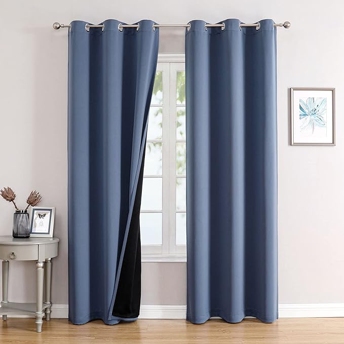 ChrisDowa 100% Blackout Curtains 84 inch Long for Bedroom with Black Liner, 2 Thick Layers Total Blackout Thermal Insulated Grommet Window Curtains 2 Panels Set (Stone Blue, 38 x 84 Inch)