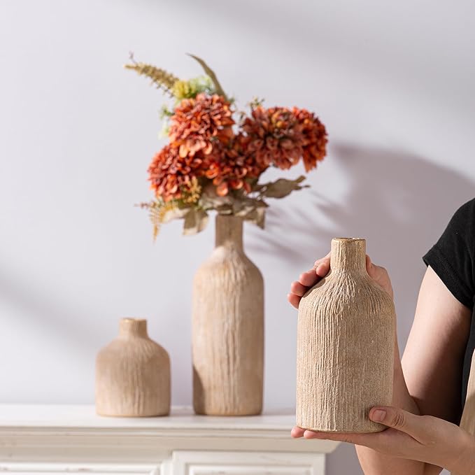 Ceramic Vase Home Table Decor - Gold Flower Vase Set of 3 Living Room Kitchen Decorations Farmhouse Modern Rustic Vases Decorative Centerpiece for Shelf Bedroom Office Bathroom Dining Coffee Desk
