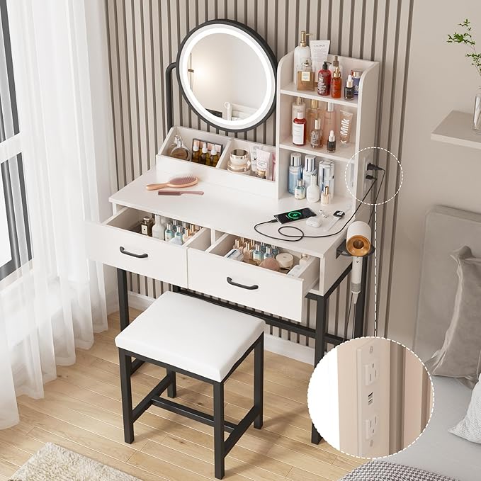 Vabches Makeup Vanity with Round Mirror and Lights, White Vanity Makeup Table with Charging Station, Small Vanity Table for Bedroom, 3 Lighting Modes, 31.5in(L)