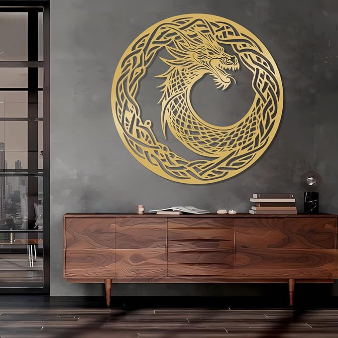 Viking Ouroboros Metal Wall Art, Viking Metal Wall Decor, Celtic Knot Wall Hanging, Nordic Dragon Decor, Scandinavian Sign, Vegvisir Art, Norse Mythology Home Decor (White, 28"x28"|70x70cm)