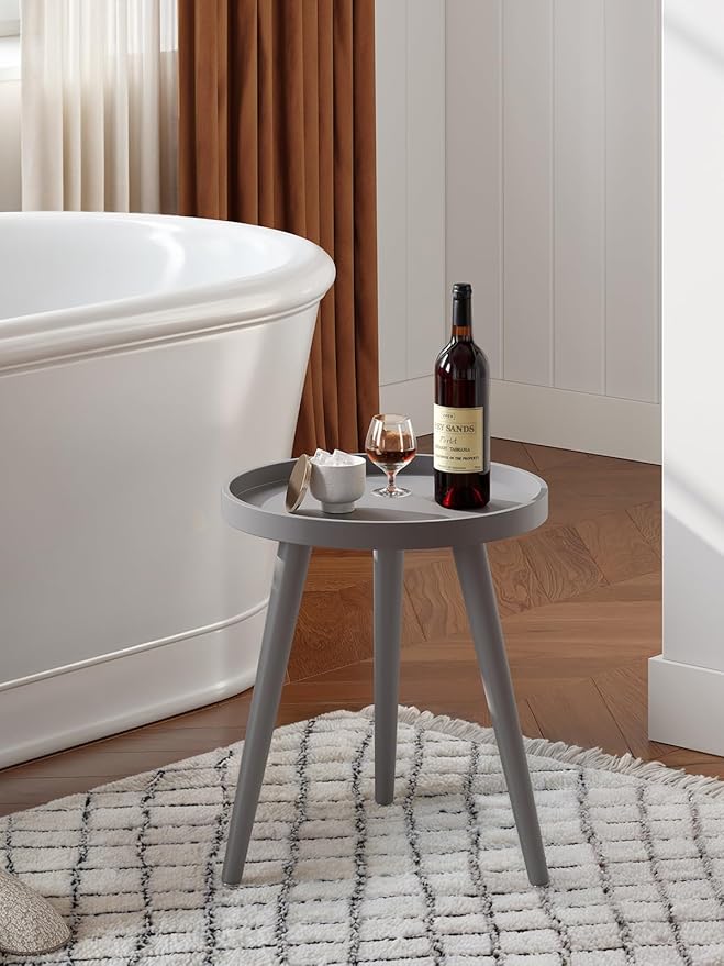 Apicizon Round Grey Side Table, Tray Nightstand Coffee End Table for Living Room, Bedroom, Small Spaces, Easy Assembly Bedside Table, 15 x 18 Inches