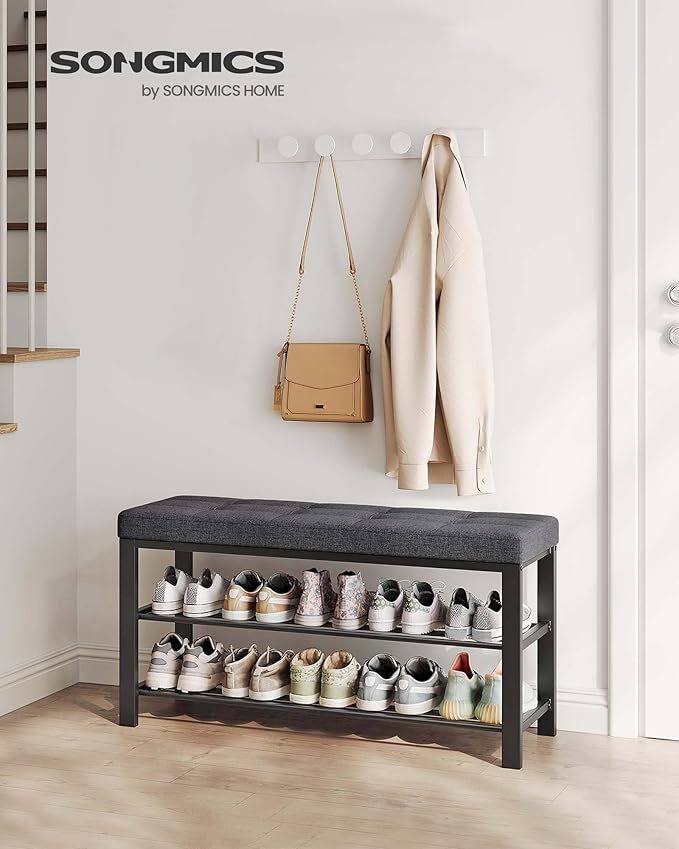 SONGMICS Shoe Bench, Storage Bench, Entryway Bench with Cushion, Shoe Shelf with Seat, Space-Saving, Modern Style, for Living Room, Bedroom, Hallway, Dark Gray and Ink Black ULBS579B33
