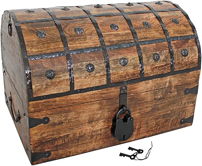 Nautical Cove Handmade Pirate Treasure Chest for Kids Prizes & Classroom with Lock and Skeleton Keys – Lockable Wooden Storage Chest Box, Pirate Decor, Decorative Wooden Box - XX-Large 18x12.5x12.5