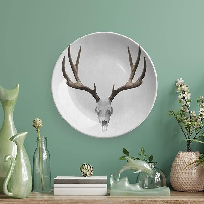 XISUNYA 10 Inch Decorative Plate, Antlers Ceramic Stoneware, Deer Skull Skeleton Head Bone Halloween Print Ceramic Display Plate for Decorative Ornaments Giving Plates, 1 Plate with 1 Display Stand