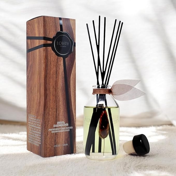 LOVSPA Reed Diffuser Set, Santal (Sandalwood) Scented Oil Diffuser with Sticks, Home Fragrance Accessories for Bathroom Shelf Decor, Aroma Diffusers for Home or Office Fall Decor, USA Made